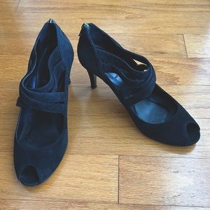 JCrew black suede crosstown peep toe heels, size 9, made in Italy